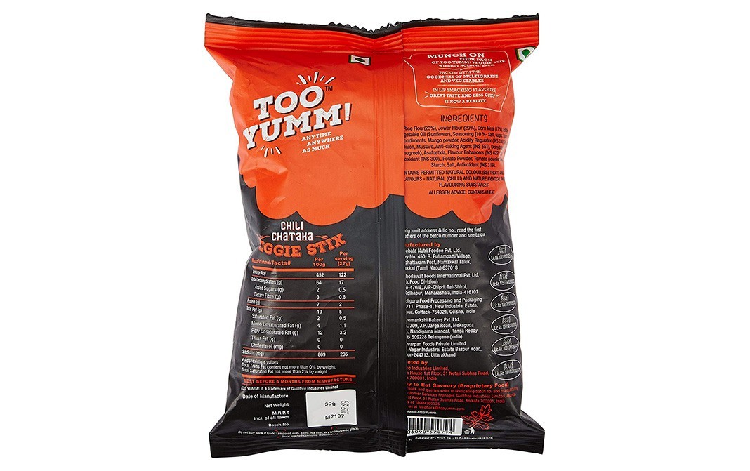 Too Yumm Chili Chataka Veggie Stix   Pack  30 grams